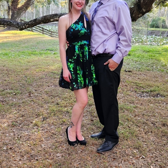 Sequin Floral Pattern One Shoulder Mesh Overlay Dress - Picture 2 of 3